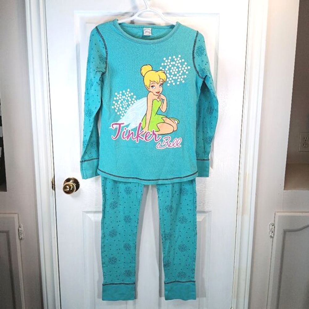 Disney Tinkerbell Girls Teal Pajamas Snowflake Print Size L